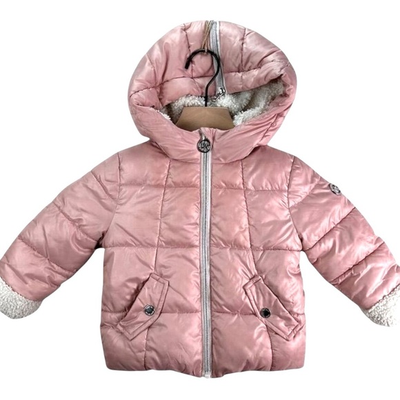 Michael Kors Baby Girls Pink Faux Fur Trim Winter Puffer Coat Size 24 Months - Picture 1 of 13